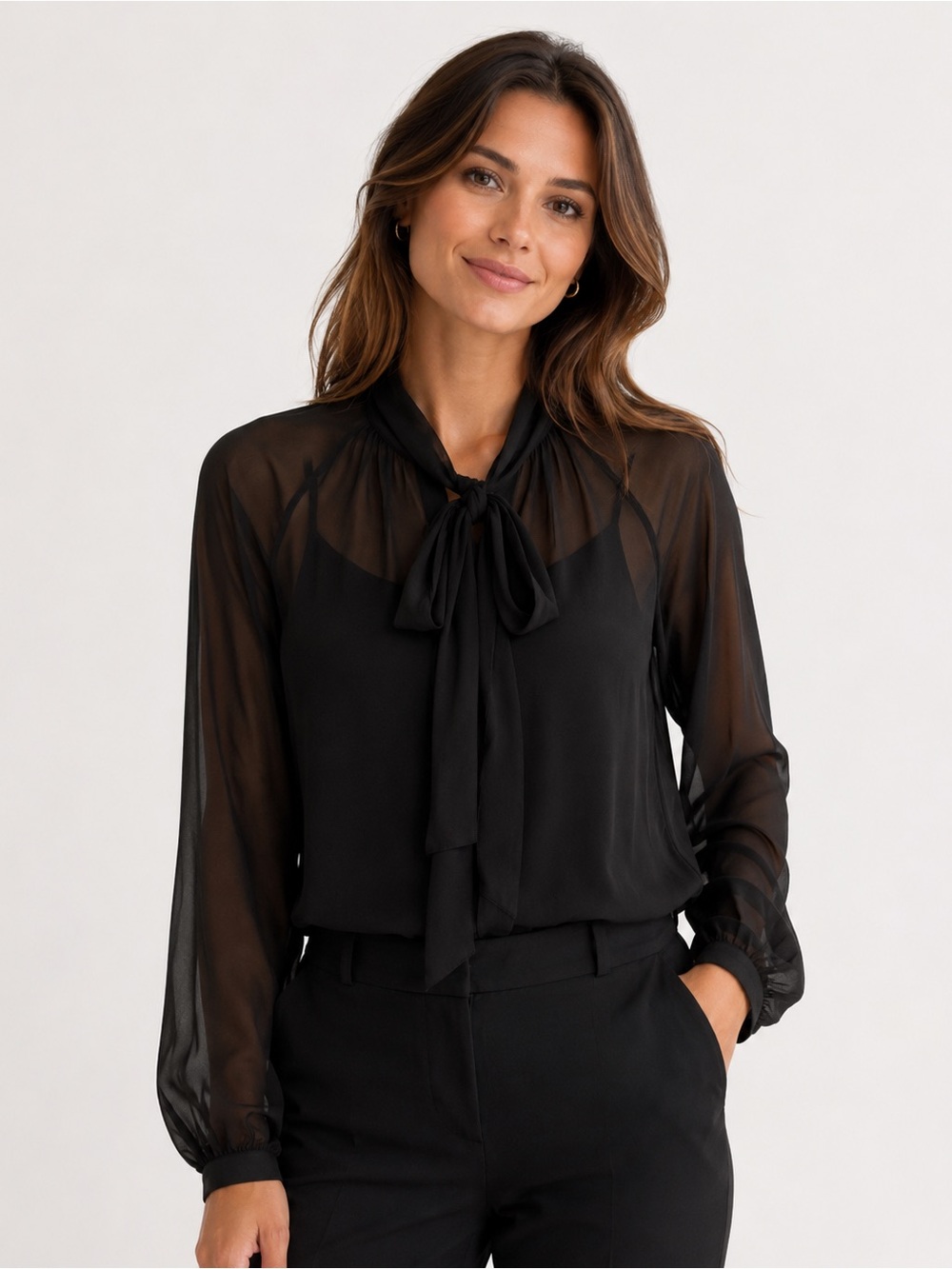 Parker size XS Black Tie-Neck Sheer silk Blouse